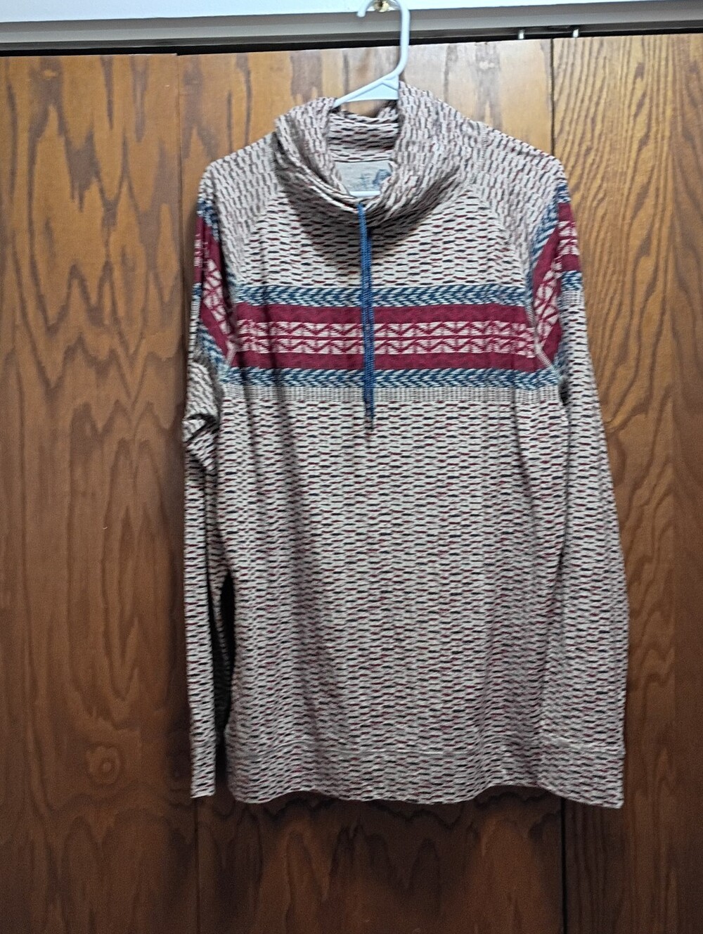 Mens Cream Patterned Funnel Neck Sweater with Red & Blue Accents